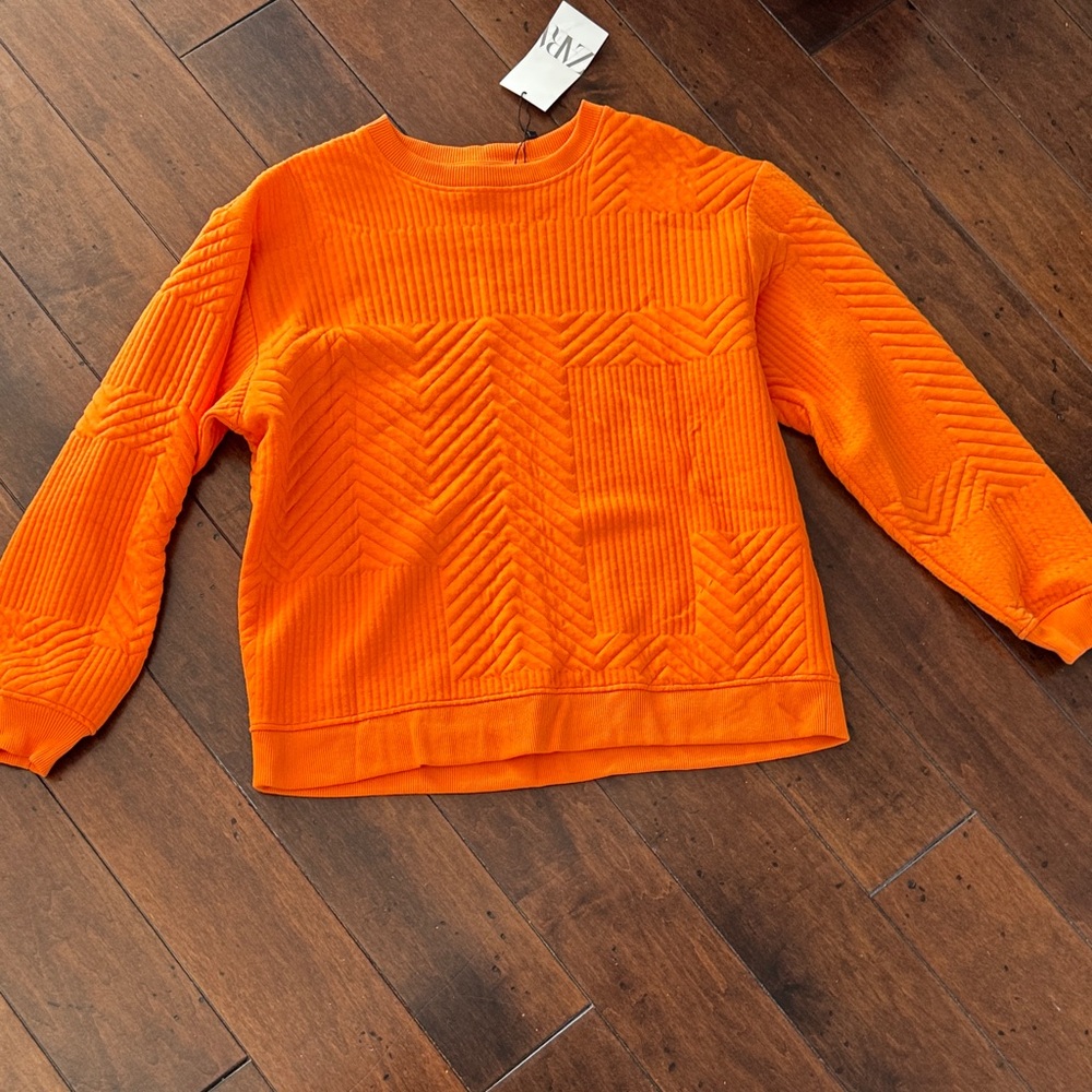 Zara Orange Textured Crewneck Top